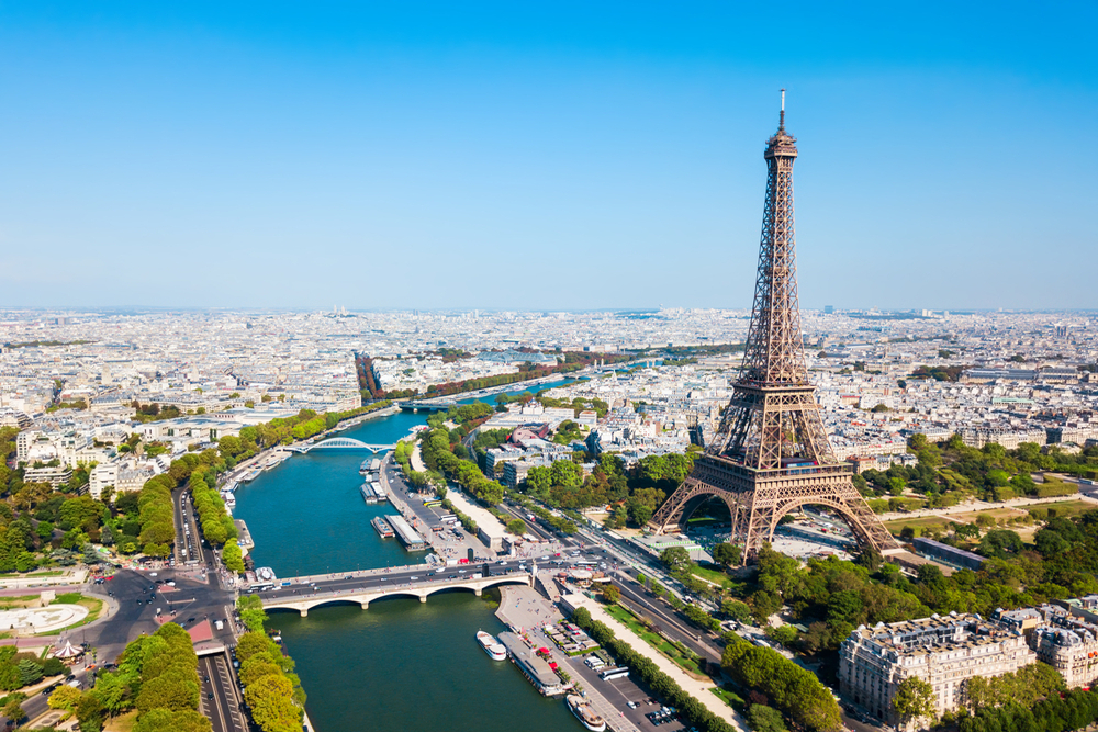 Aerial view of the Eiffel Tower on the Champ de Mars in Paris, France